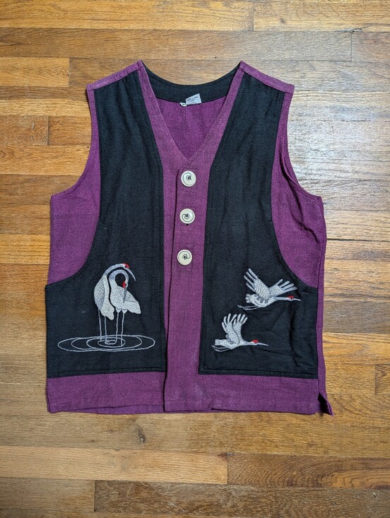 venus imports Jackets & Blazers - Vintage Art to Wear Japanese Crane Embroidered Vest Purple Black Woven Asian Med